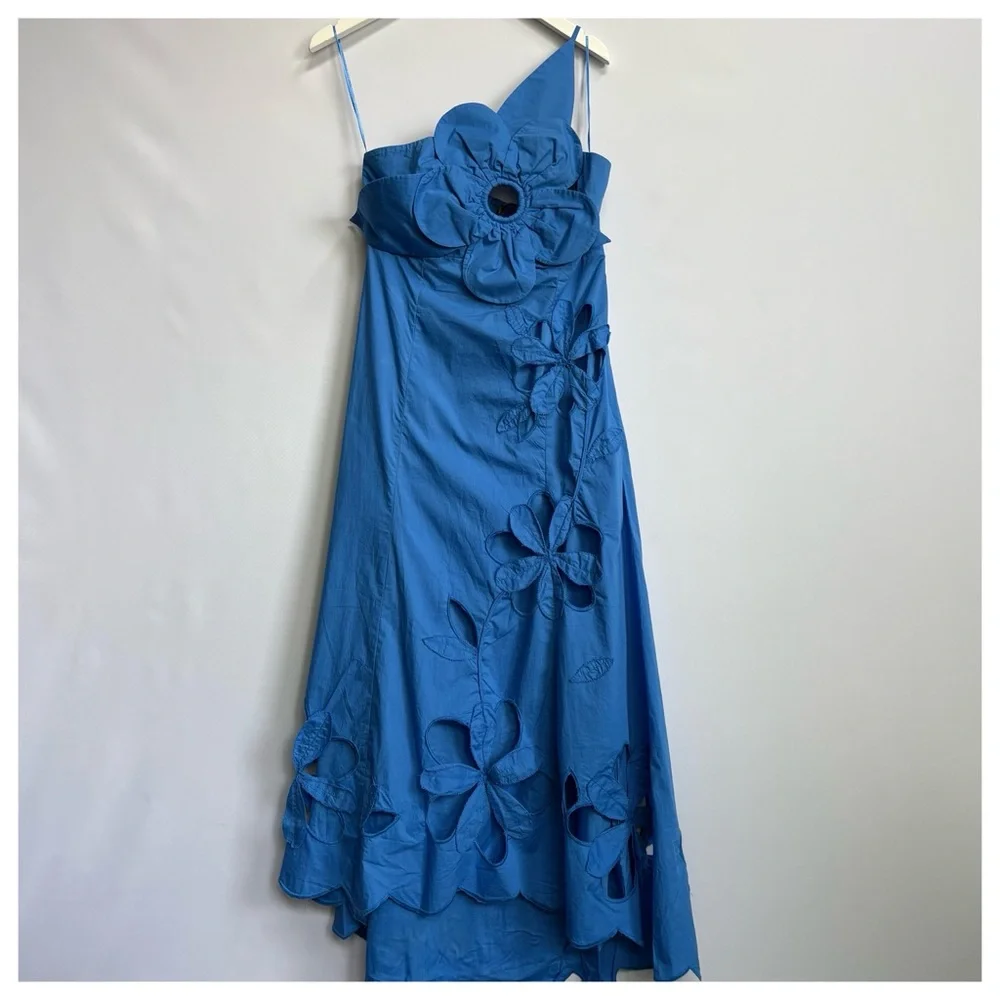 NWT Anthropologie One-Shoulder Cutwork Cutouts 3D Flower Blue Midi Dress - Picture 11 of 16